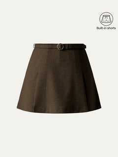 Viscose-Wool Blend High-Rise Belted A-Line Skort with Pockets