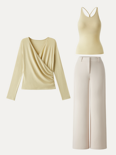 2Pcs Set Cami with Surplice Ruched Top & Mid Rise Fly-Front Wide Leg Trouser