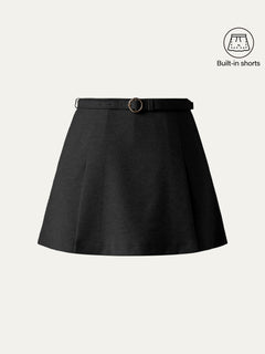 Viscose-Wool Blend High-Rise Belted A-Line Skort with Pockets