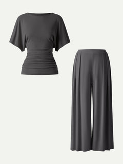 2Pcs Set Boatneck Sleeve Top & Wide Leg Palazzo Pant with Pockets