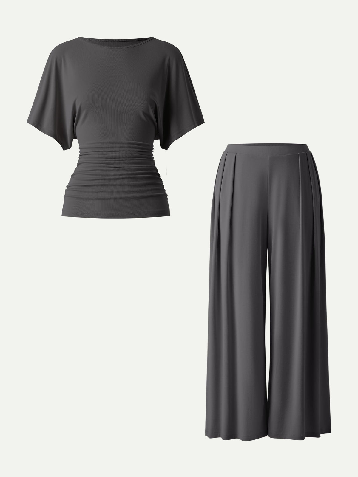 2Pcs Set Boatneck Sleeve Top & Wide Leg Palazzo Pant with Pockets