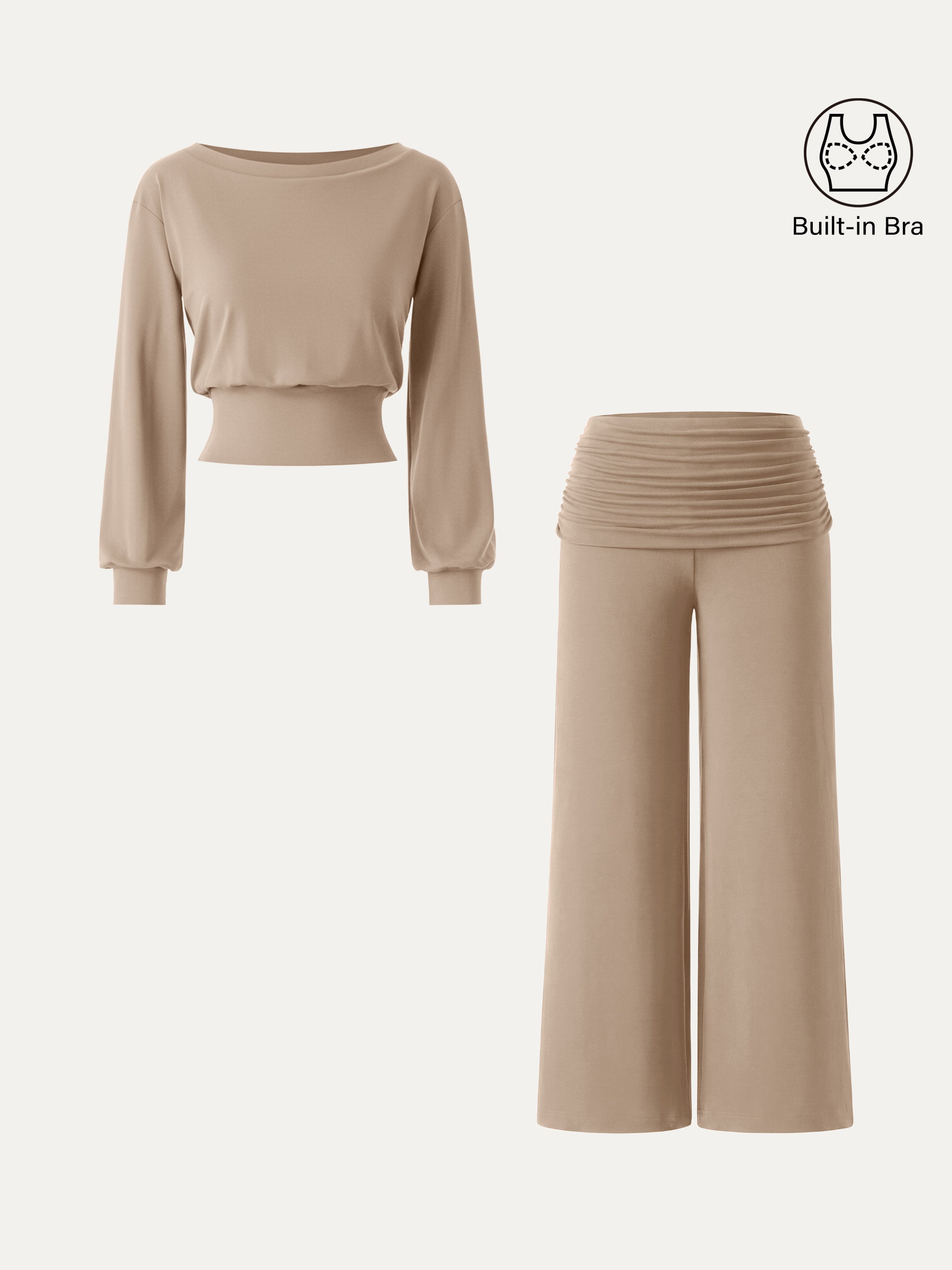2Pcs Set Boatneck Bra & Drapey Wide Leg Pull-on Pants with Pockets