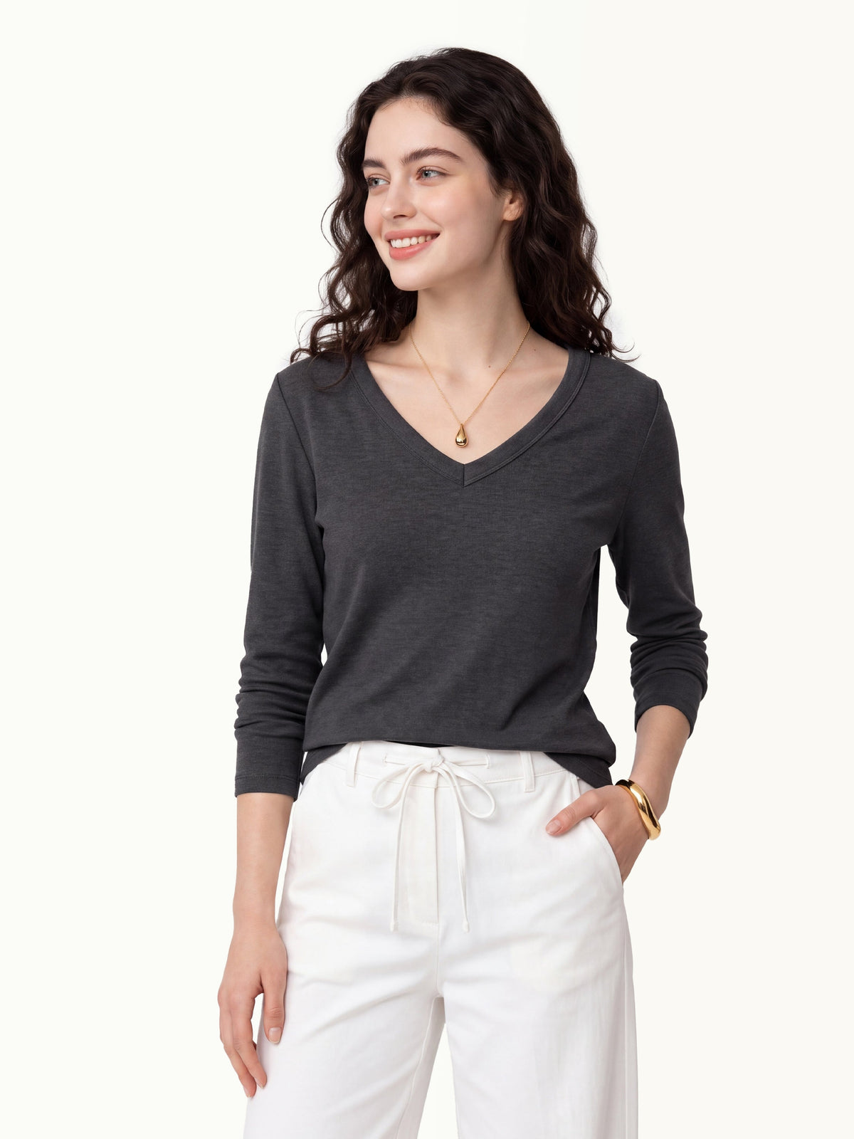 V-Neck Long Sleeve Banded Hem Top