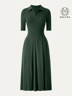 Polo Neck Elbow Length Sleeve Midi Bra Dress with Pockets