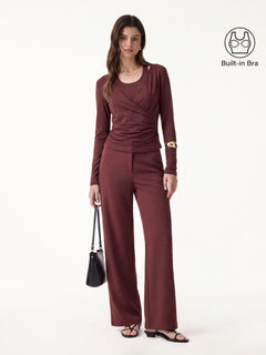 2Pcs Set Cami with Surplice Ruched Top & Mid Rise Fly-Front Wide Leg Trouser