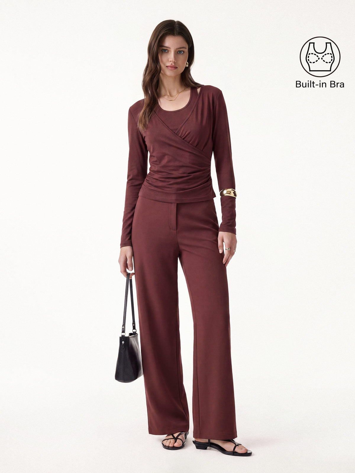 2Pcs Set Cami with Surplice Ruched Top & Mid Rise Fly-Front Wide Leg Trouser