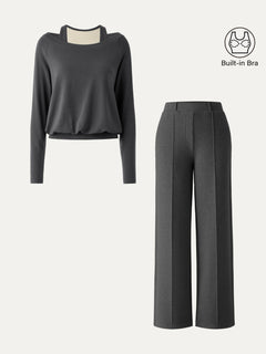 2Pcs Set Multi-Wear Layering Bra Top & High Waisted Straight Leg Pull On Pant