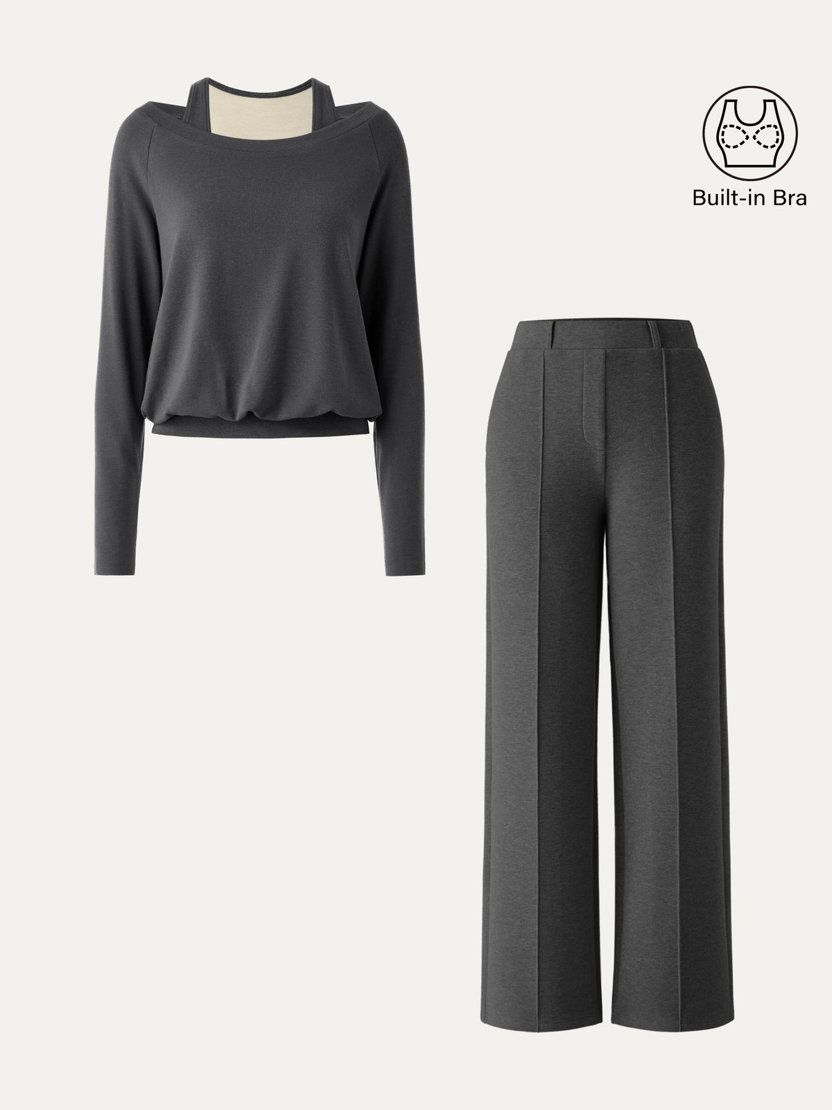 2Pcs Set Multi-Wear Layering Bra Top & High Waisted Straight Leg Pull On Pant