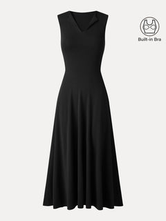 Ribbed Collared V-Neck Sleeveless A-Line Midi Bra Dress with Pockets