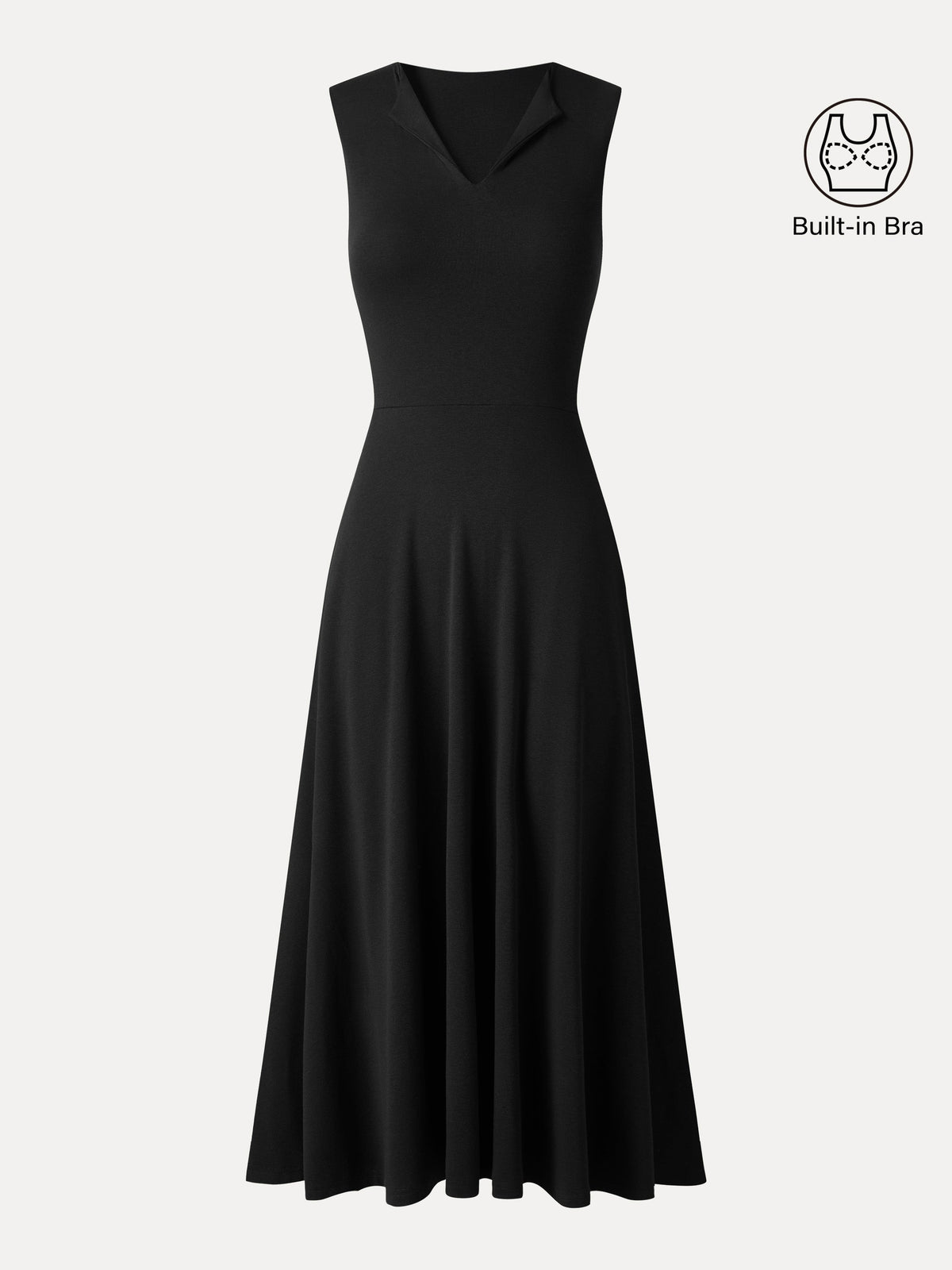 Ribbed Collared V-Neck Sleeveless A-Line Midi Bra Dress with Pockets
