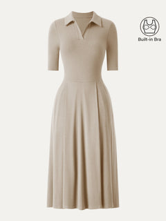 Polo Neck Elbow Length Sleeve Midi Bra Dress with Pockets