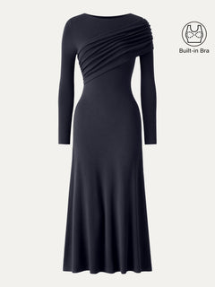 Eco-Mousse® Boatneck Ruched A-Line Midi Bra Dress
