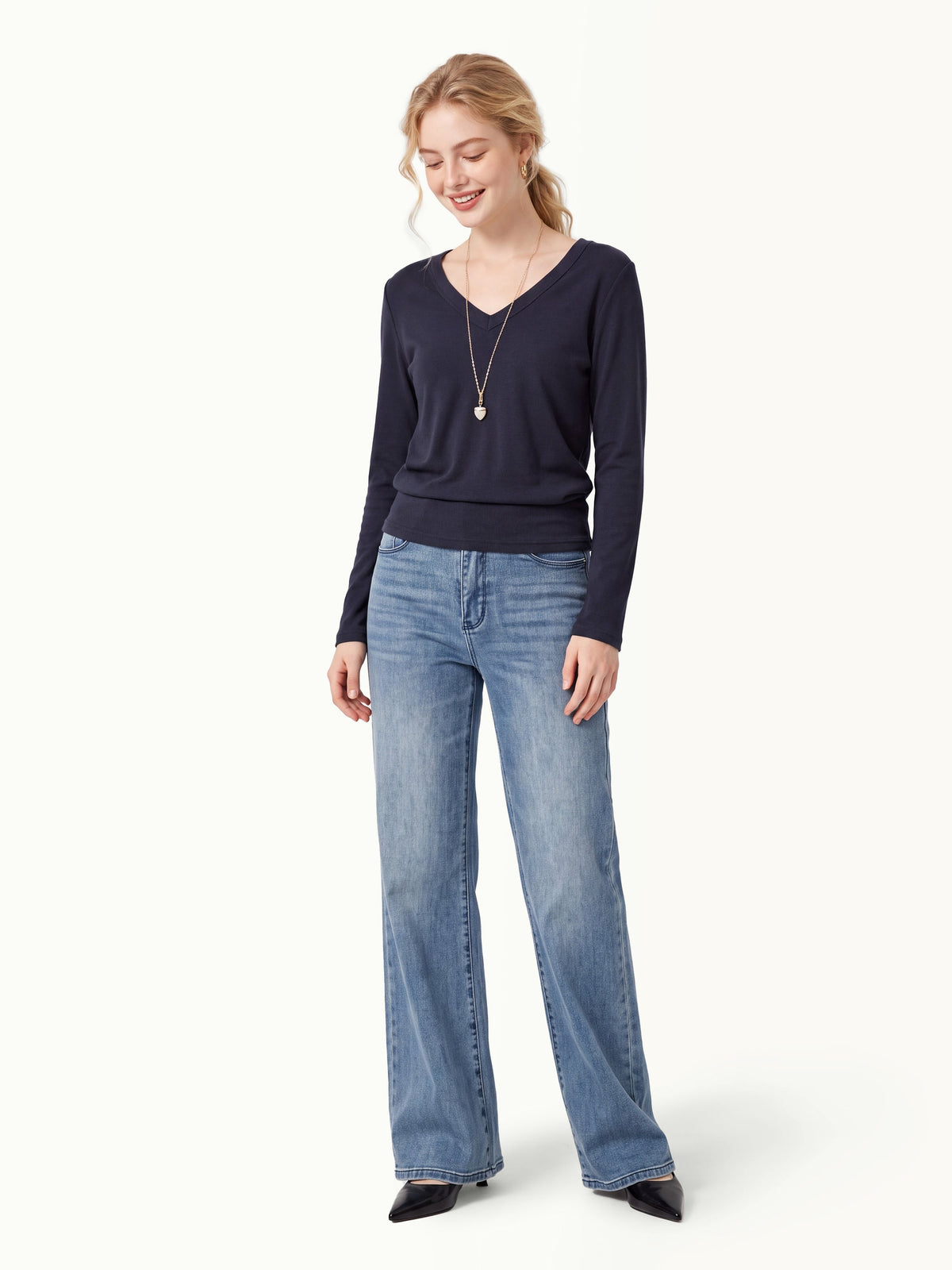V-Neck Long Sleeve Banded Hem Top