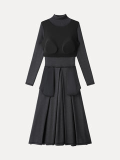 Light Warm Mockneck Pleated Midi Bra Dress with Pockets