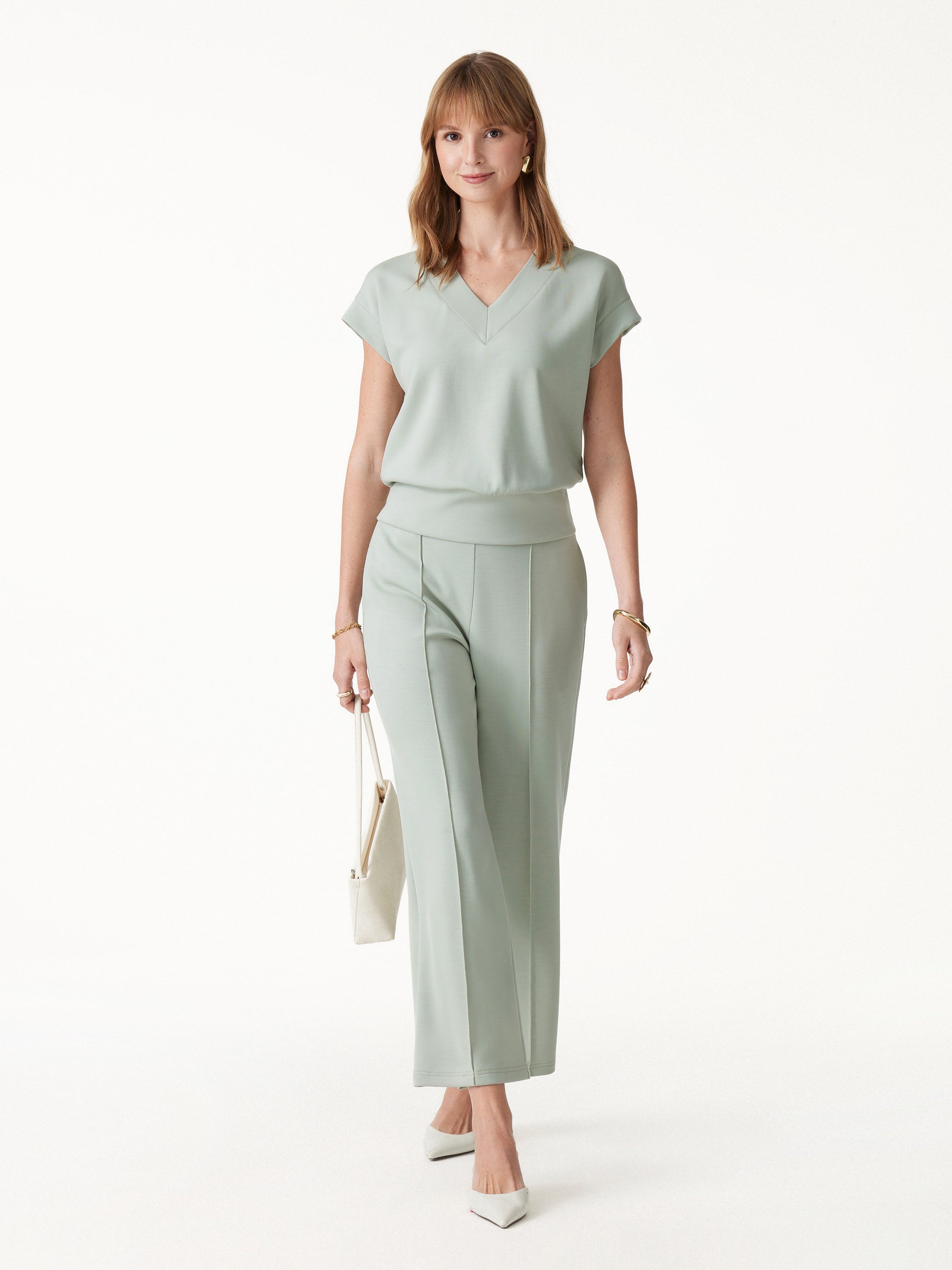 2Pcs Set V-Neck Short Sleeve Top & Cropped Straight-Leg Pants with Pockets