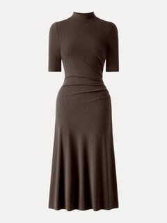 Cotton Blend Mock Neck Elbow Sleeve Tucked A-Line Midi Dress