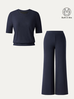 2Pcs Set Petite Wide Leg Pant with Pockets & Crewneck Bra Top