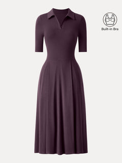 Polo Neck Elbow Length Sleeve Midi Bra Dress with Pockets