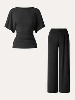 2Pcs Set Boatneck Batwing Sleeve Top & Mid-Rise Wide-Leg Lounge Pants