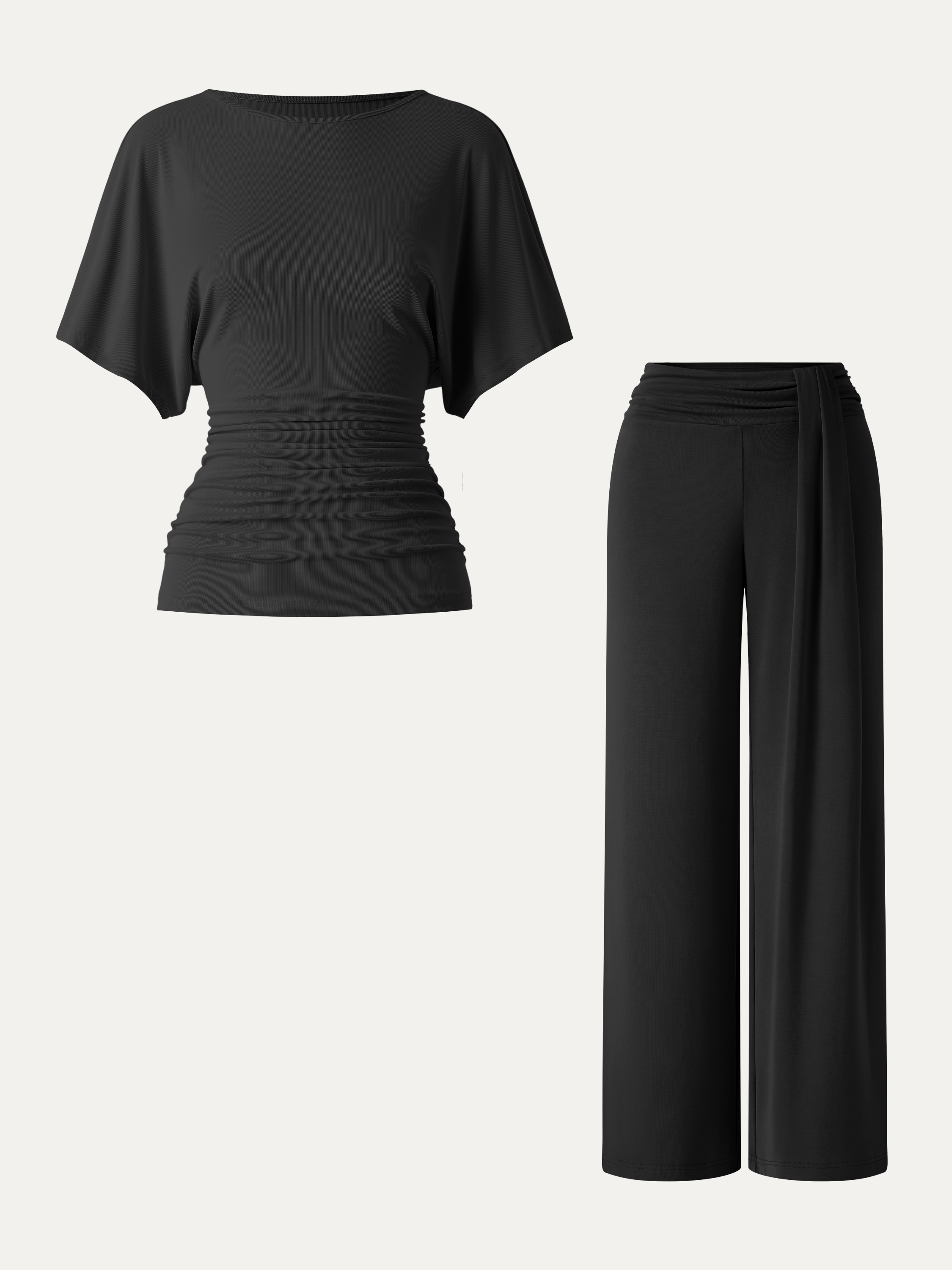 2Pcs Set Boatneck Batwing Sleeve Top & Mid-Rise Wide-Leg Lounge Pants