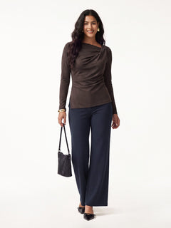 2Pcs Set Asymmetrical Neck Long Sleeve Top & Slimming High Rise Wide Leg Pant