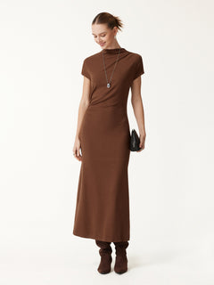 Eco-Mousse® Mock Neck Cap Sleeve Ruched Midi Dress