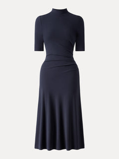 Cotton Blend Mock Neck Elbow Sleeve Tucked A-Line Midi Dress