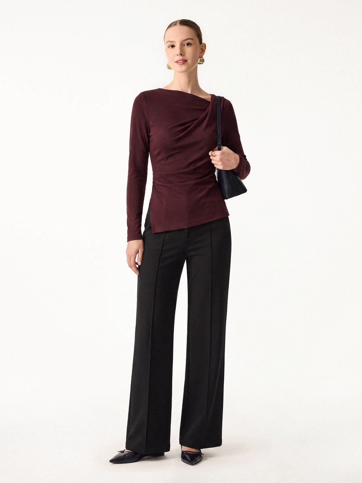 2Pcs Set Asymmetrical Neck Long Sleeve Top & High Waisted Straigh Leg Pull On Pant