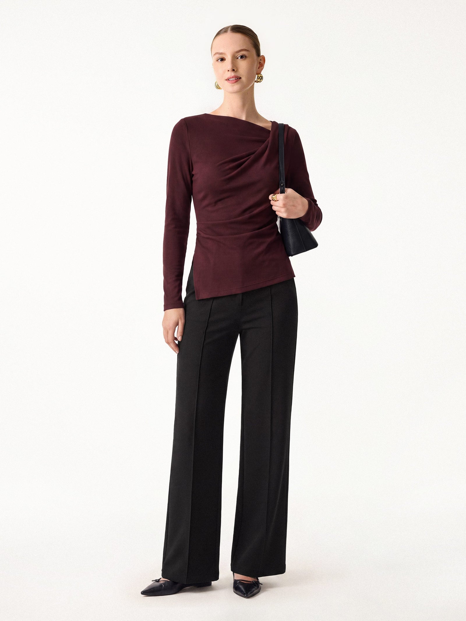 2Pcs Set Asymmetrical Neck Long Sleeve Top & High Waisted Straigh Leg Pull On Pant