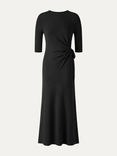 Slub Ribbed Round Neck Elbow Sleeve Tie-Waist Midi Dress