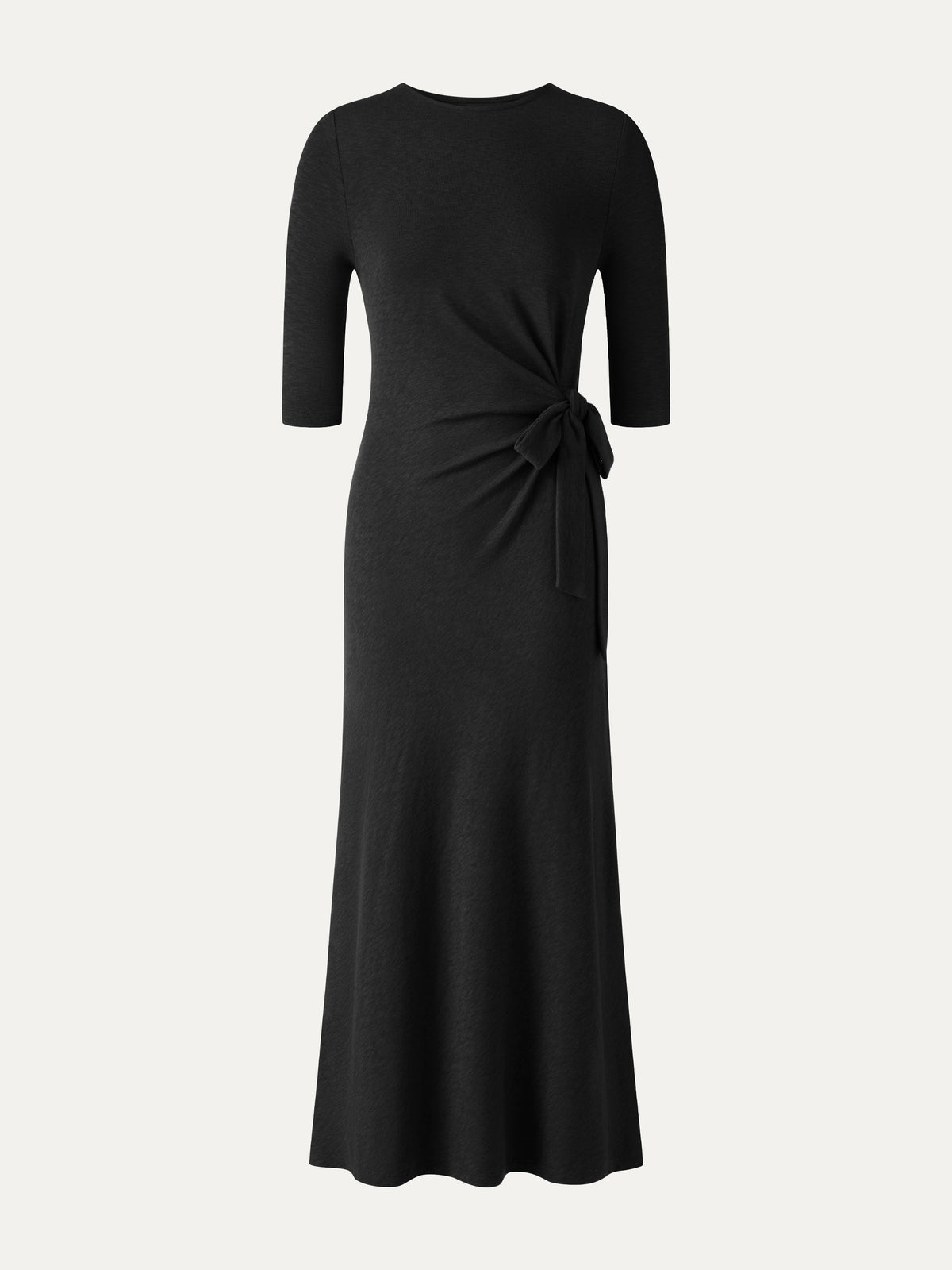 Slub Ribbed Round Neck Elbow Sleeve Tie-Waist Midi Dress