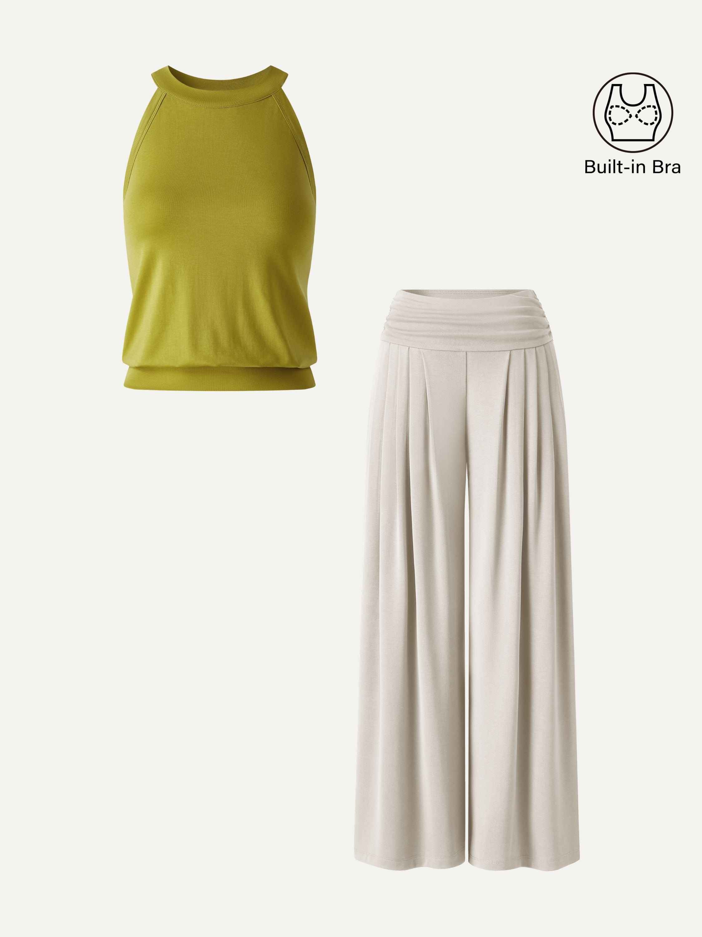 2Pcs Set Halter Neck Bra Tank & Tucked Pant with Pockets