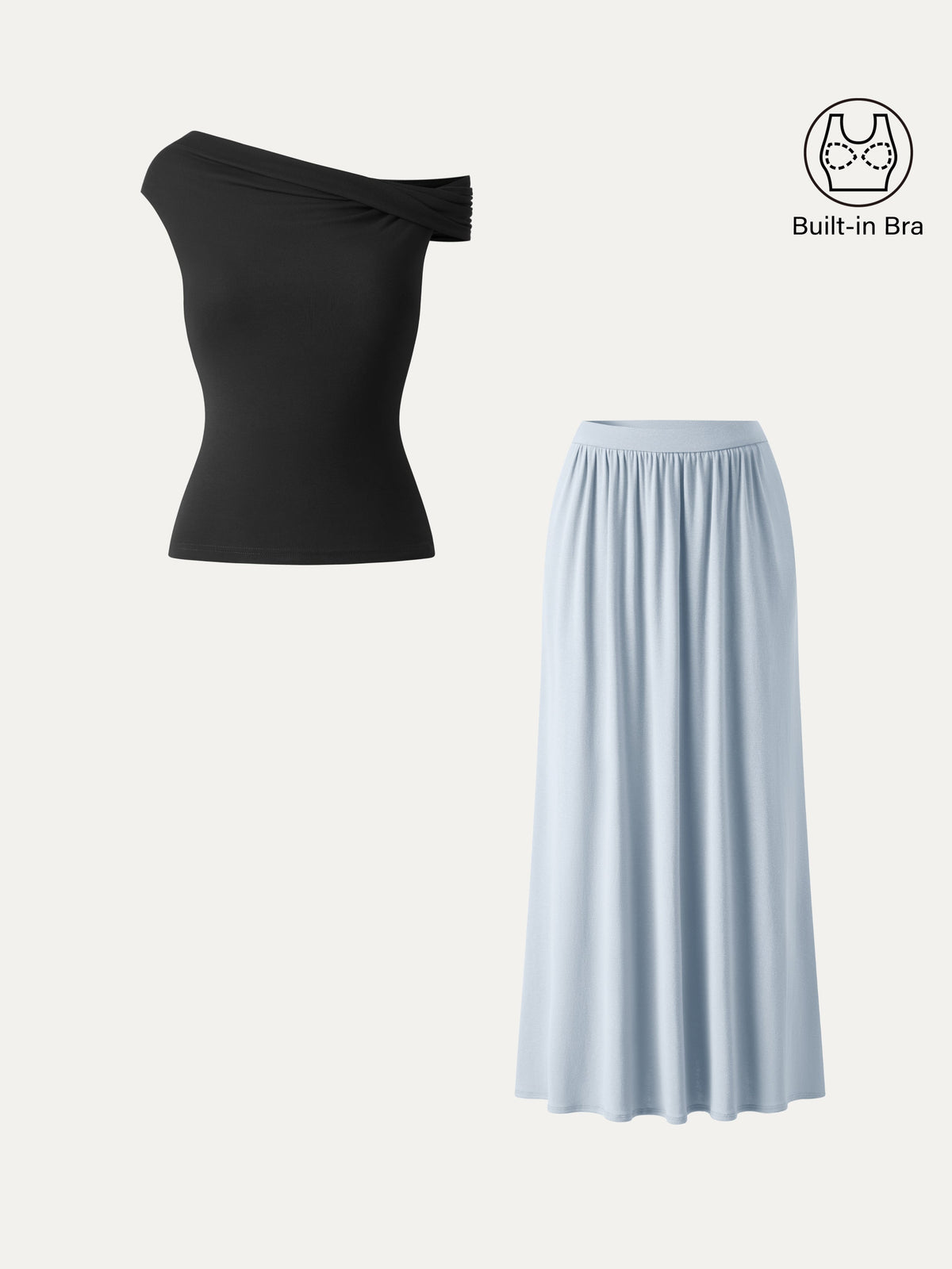 2Pcs Set Multi-wear Necklines Bra Top & Gathered A-Line Maxi Skirt with Pockets