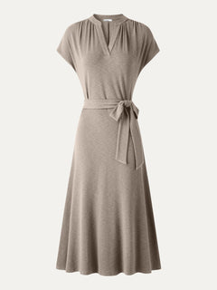 V-Neck Short Sleeve Belted Midi Dress