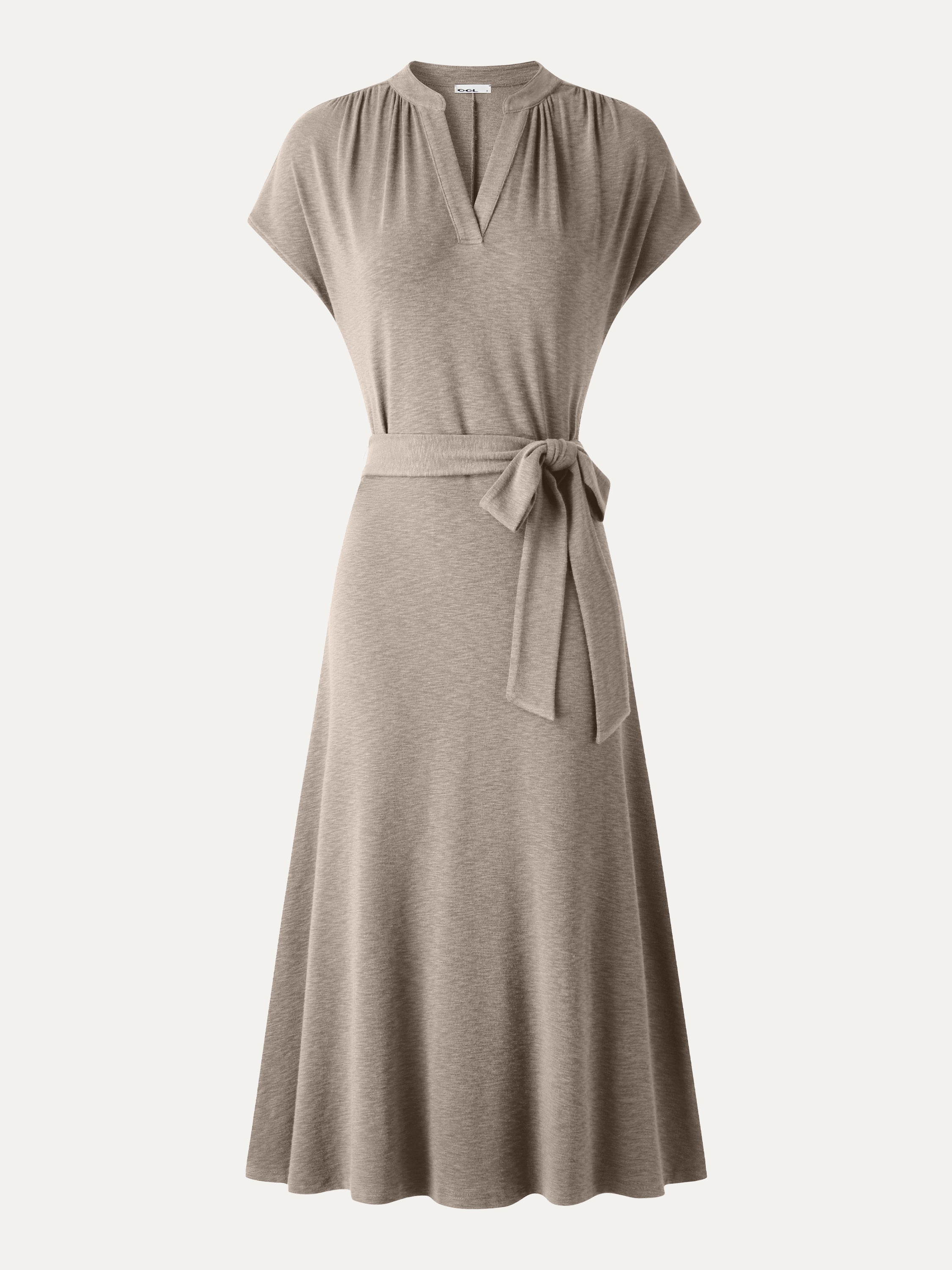V-Neck Short Sleeve Belted Midi Dress