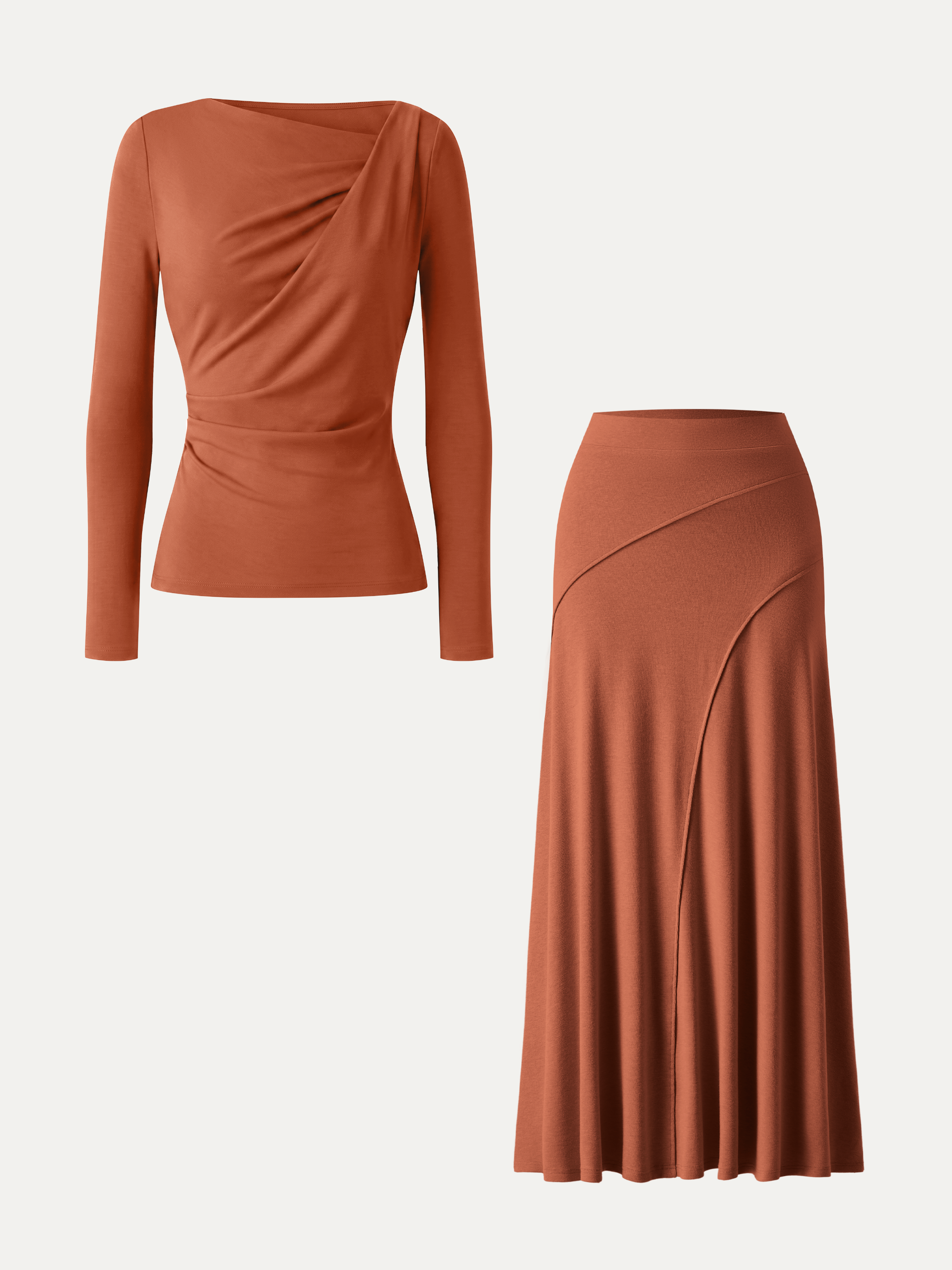 2Pcs Set Asymmetrical Neck Long Sleeve Top & Drapey A-Line Midi Skirt