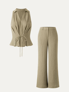 2Pcs Set V-neck Sleeveless Top & Mid Rise Flared Pant with Pockets