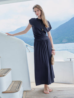 2Pcs Set Round Neck Top & A-Line Maxi Skirt