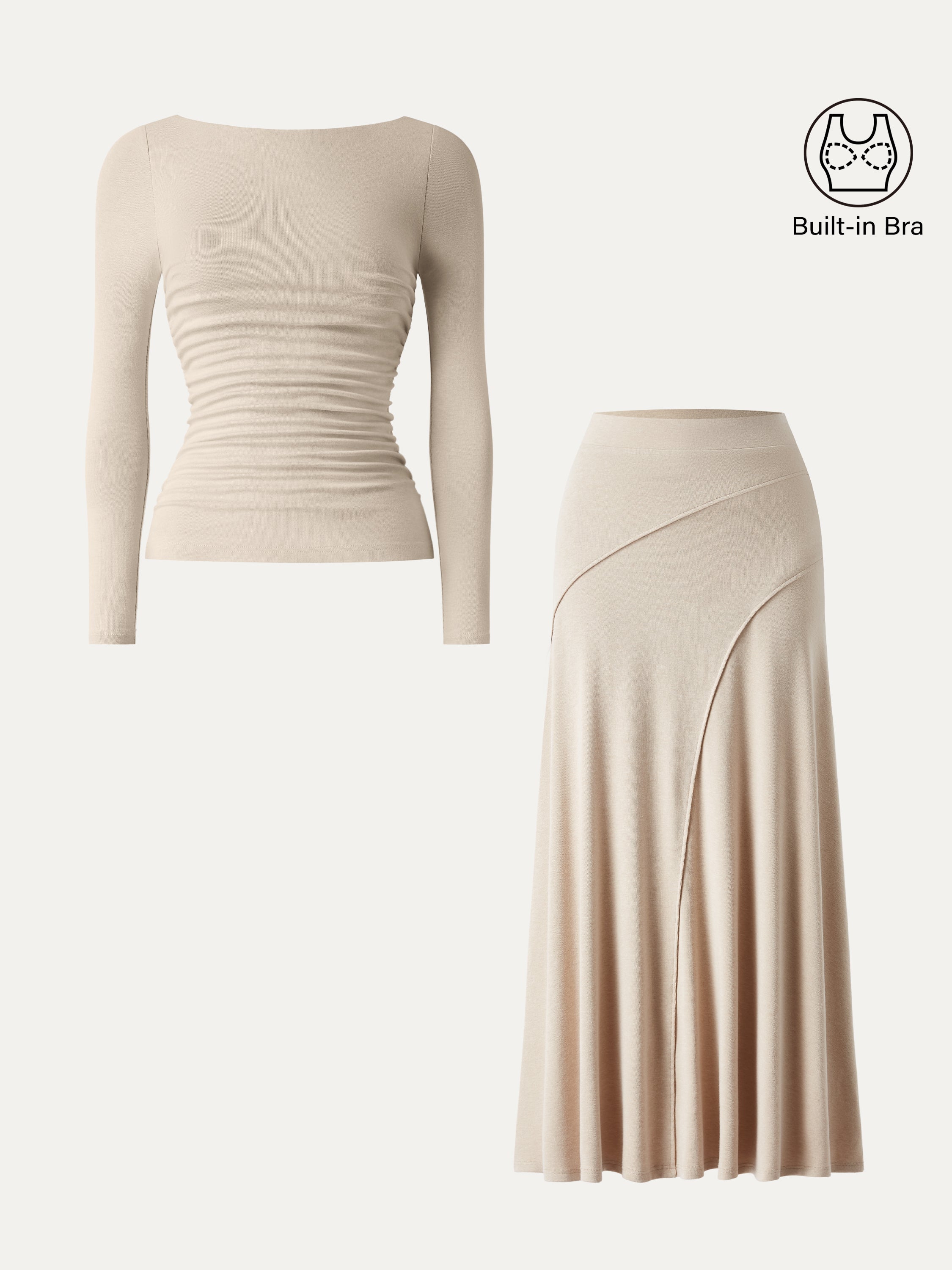 2Pcs Set Boatneck Ruched Bra Top & Drapey A-Line Maxi Skirt