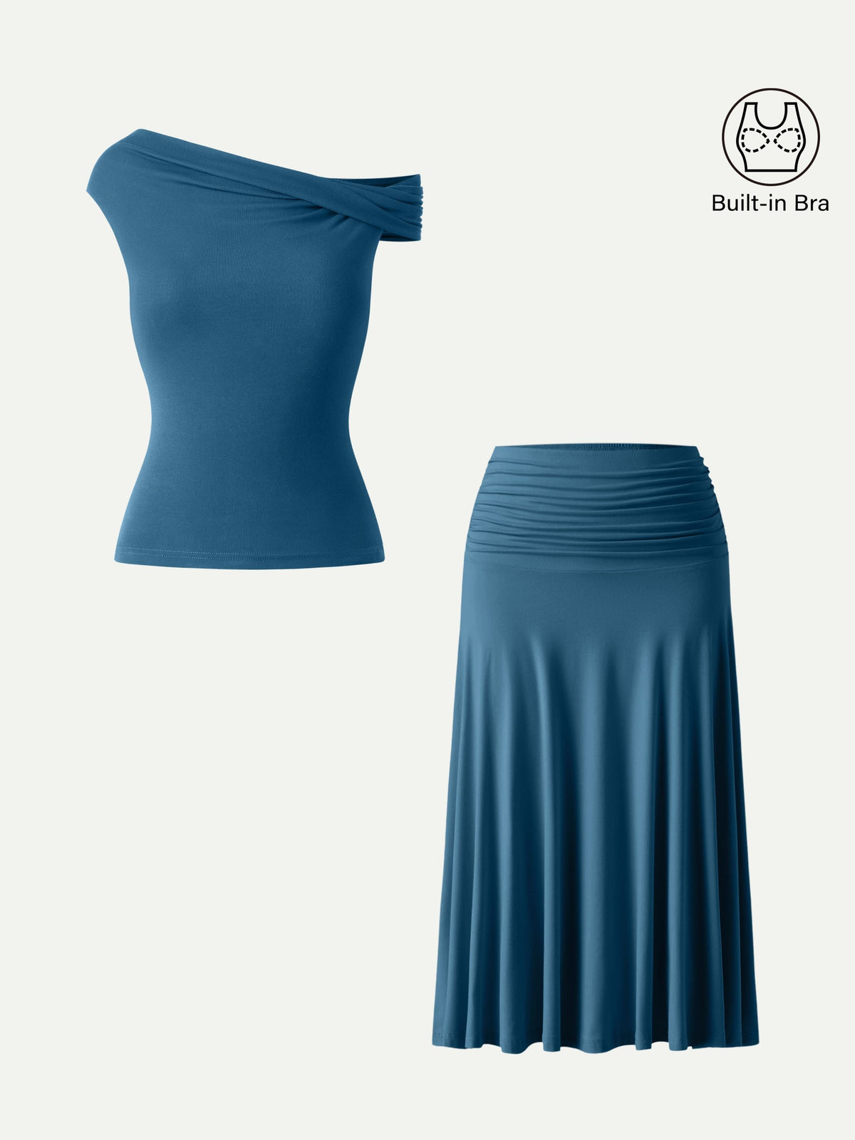 2Pcs Set Multi-wear Bra Top & Side Ruched A-line Midi Skirt