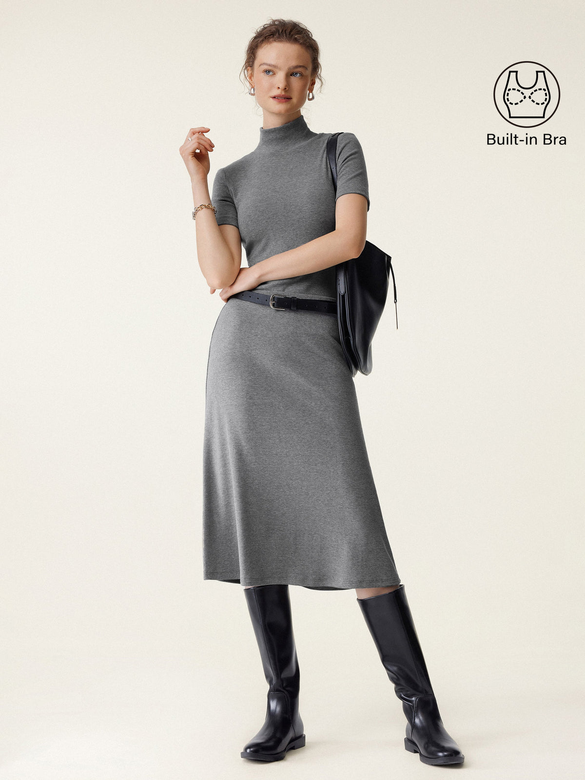 2Pcs Set Mockneck Short Sleeve Bra Top & Pull-On Midi Skirt