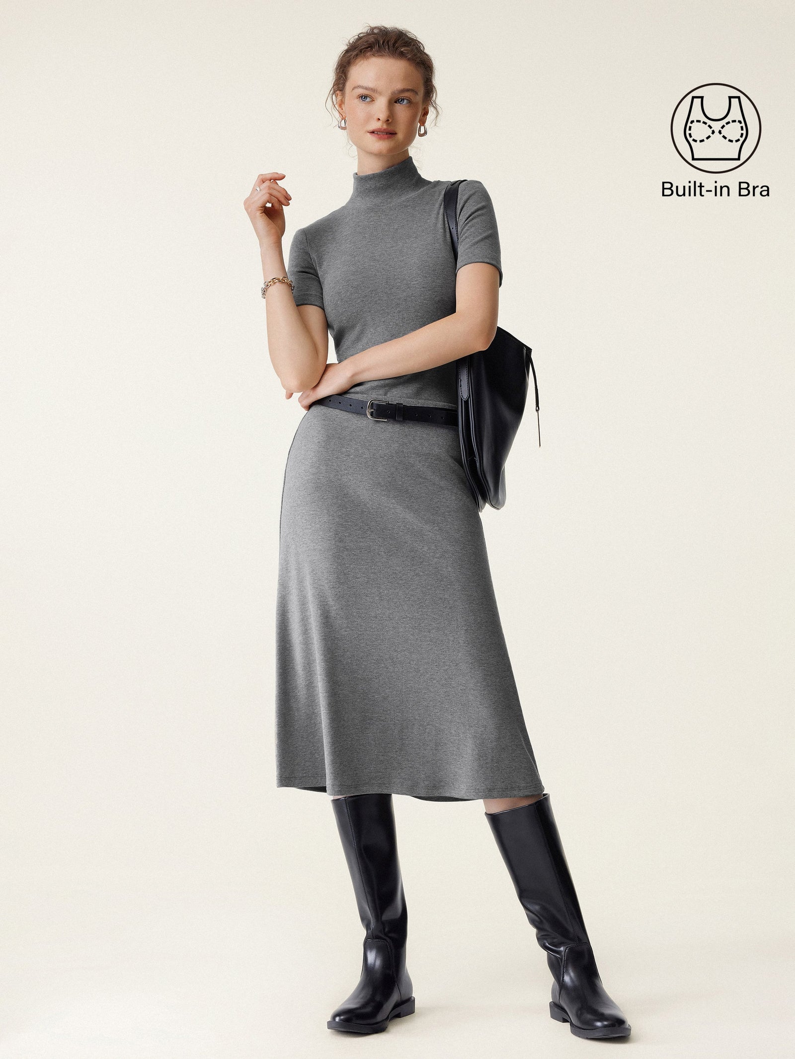 2Pcs Set Mockneck Short Sleeve Bra Top & Pull-On Midi Skirt