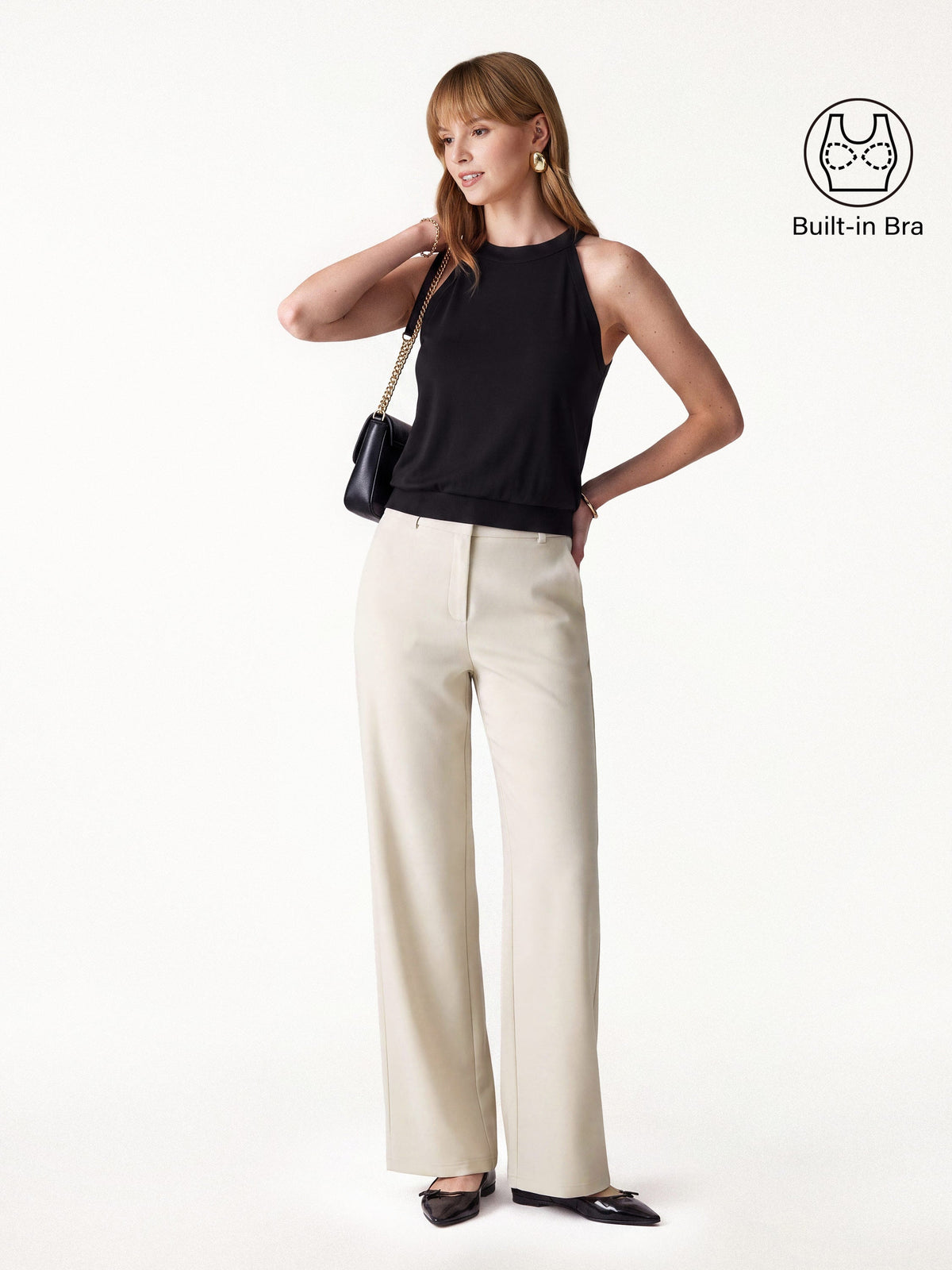 2Pcs Set Halter Neck Bra Top & Mid Rise Fly-Front Wide Leg Trousers