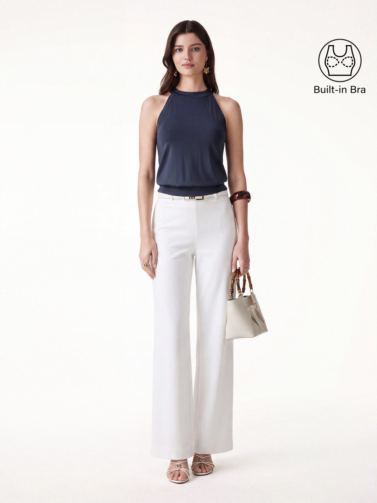 2Pcs Set Halter Neck Bra Top & Wide Leg Pants with Pockets