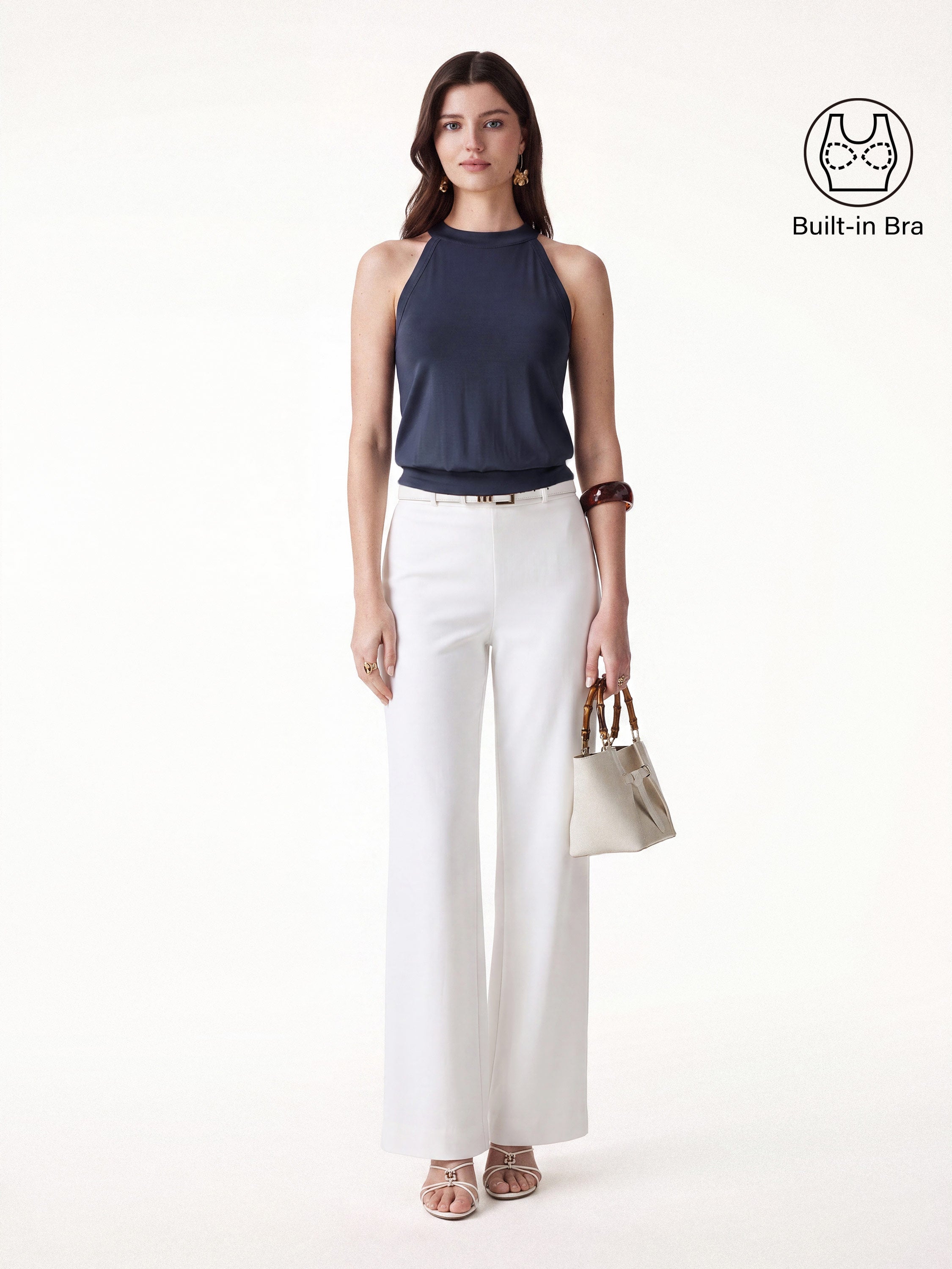 2Pcs Set Halter Neck Bra Top & Wide Leg Pants with Pockets