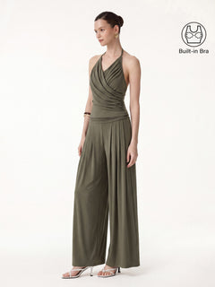 2Pcs Set Halter Neck Surplice Bra Top & Tucked Palazzo Pant with Pockets