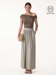 2Pcs Set Multi-wear Necklines Bra Top & Gathered A-Line Maxi Skirt with Pockets