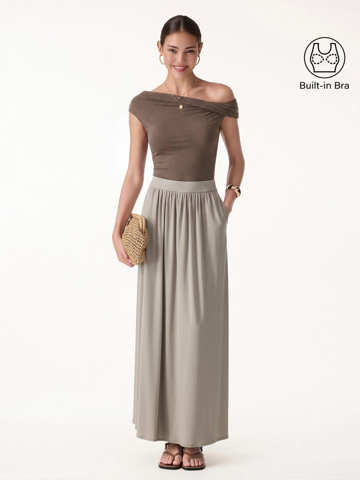 2Pcs Set Multi-wear Necklines Bra Top & Gathered A-Line Maxi Skirt with Pockets