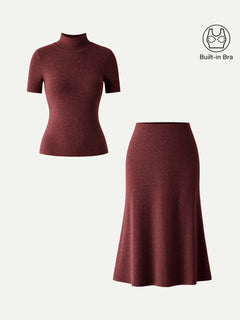 2Pcs Set Mockneck Short Sleeve Bra Top & Pull-On Midi Skirt