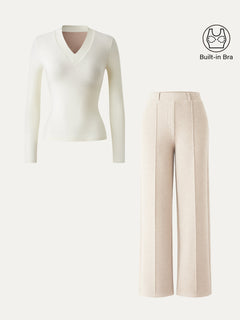 2Pcs Set V-neck Slimming Brami Top & High Waisted Straigh Leg Pant